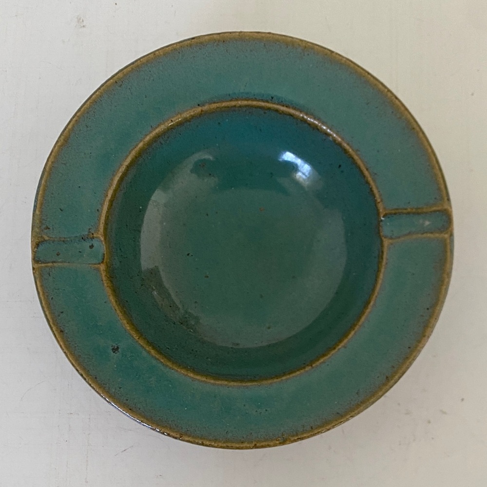 Vintage Blue/Green Glazed Pottery Ashtray - Trinket Dish